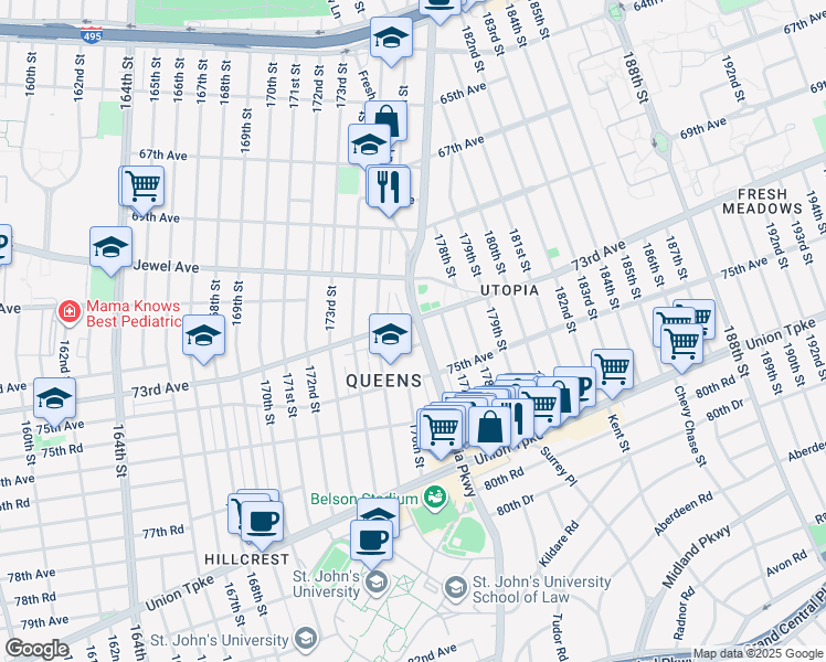 map of restaurants, bars, coffee shops, grocery stores, and more near in Queens