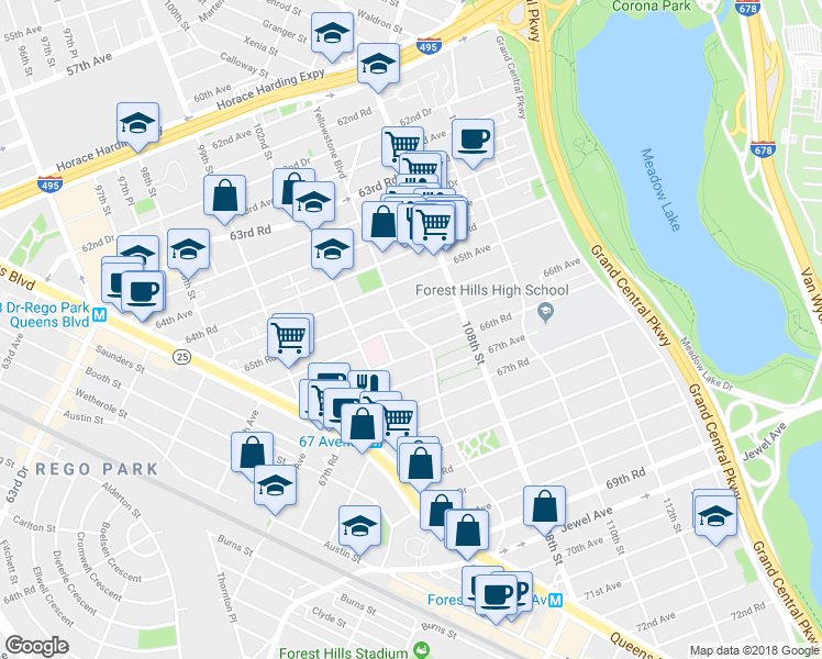 map of restaurants, bars, coffee shops, grocery stores, and more near 66-25 Yellowstone Boulevard in Queens