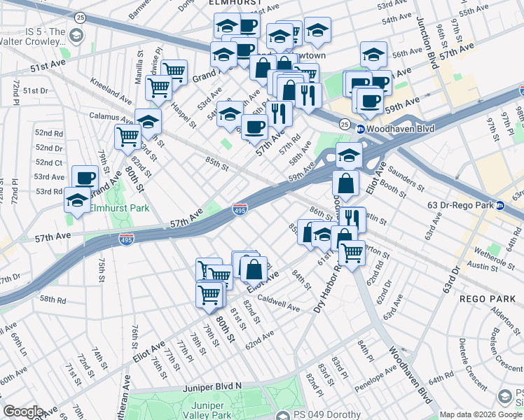 map of restaurants, bars, coffee shops, grocery stores, and more near 58-20 84th Place in Queens