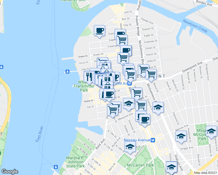 map of restaurants, bars, coffee shops, grocery stores, and more near 134 Franklin Street in Brooklyn