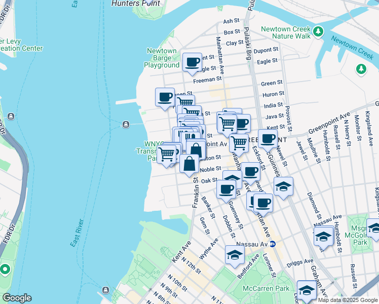 map of restaurants, bars, coffee shops, grocery stores, and more near 134 Franklin Street in Brooklyn