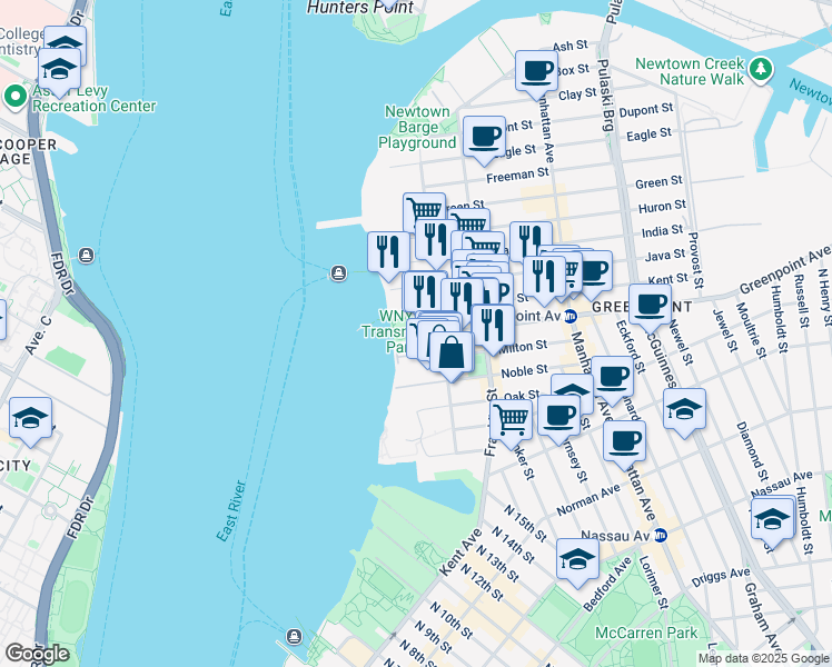 map of restaurants, bars, coffee shops, grocery stores, and more near 2 Greenpoint Avenue in Brooklyn