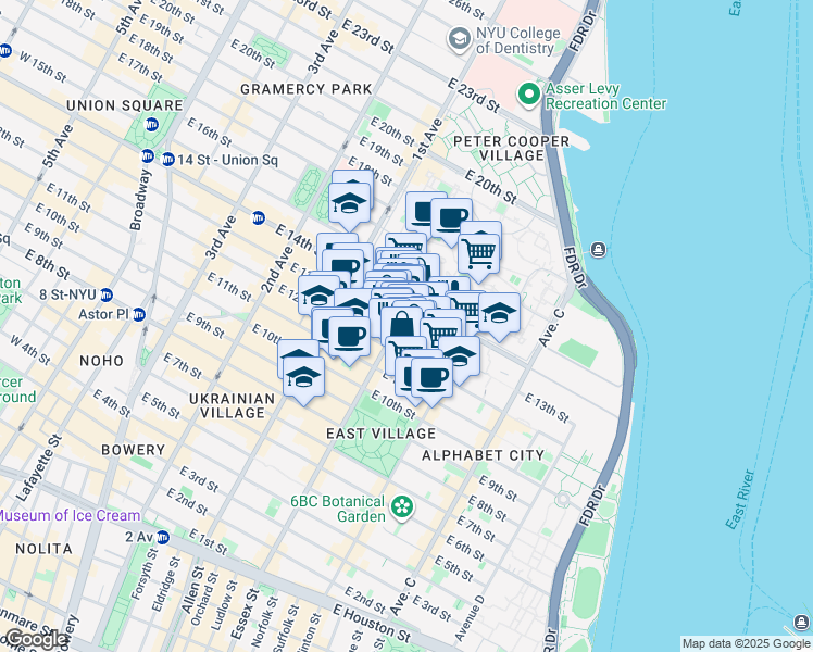 map of restaurants, bars, coffee shops, grocery stores, and more near 515 East 13th Street in New York