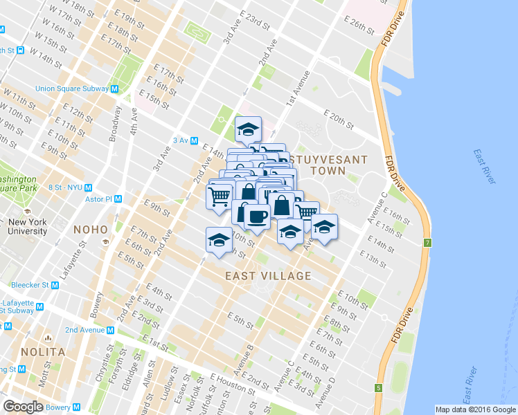 map of restaurants, bars, coffee shops, grocery stores, and more near 201 Avenue A in New York