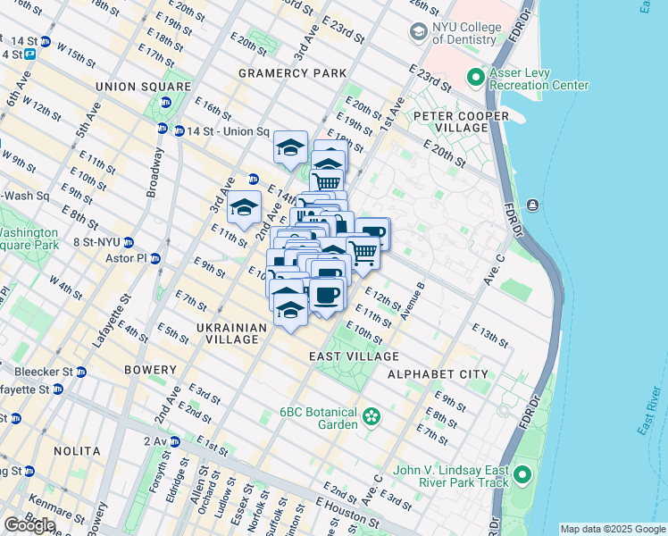 map of restaurants, bars, coffee shops, grocery stores, and more near 200 1st Avenue in New York