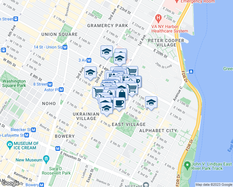map of restaurants, bars, coffee shops, grocery stores, and more near 200 1st Avenue in New York