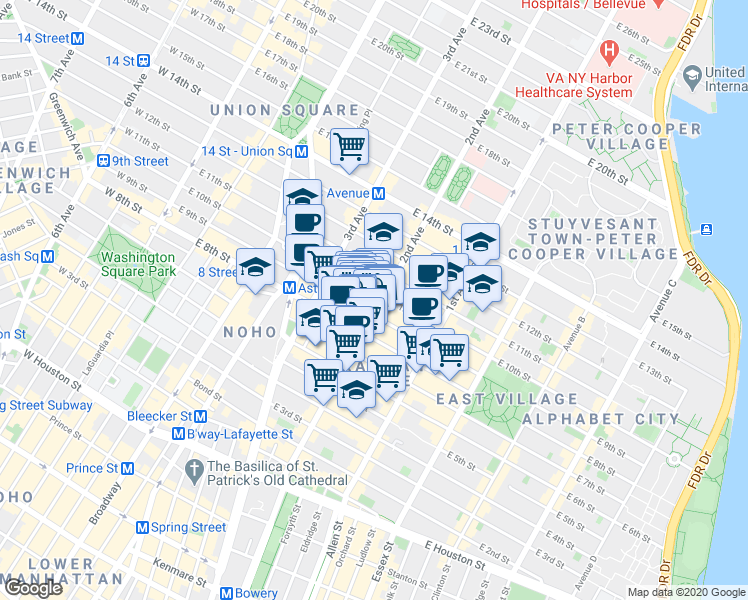 map of restaurants, bars, coffee shops, grocery stores, and more near 149 2nd Avenue in New York