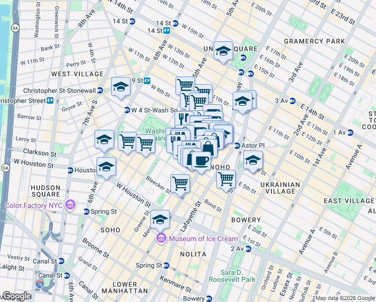 map of restaurants, bars, coffee shops, grocery stores, and more near 12 Washington Place in New York