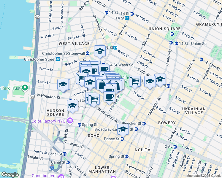 map of restaurants, bars, coffee shops, grocery stores, and more near 165 Bleecker Street in New York