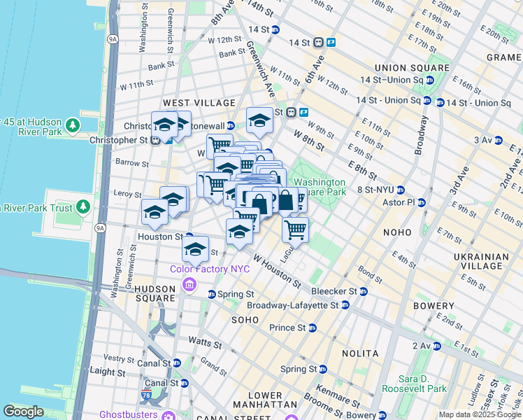 map of restaurants, bars, coffee shops, grocery stores, and more near 190 Bleecker Street in New York