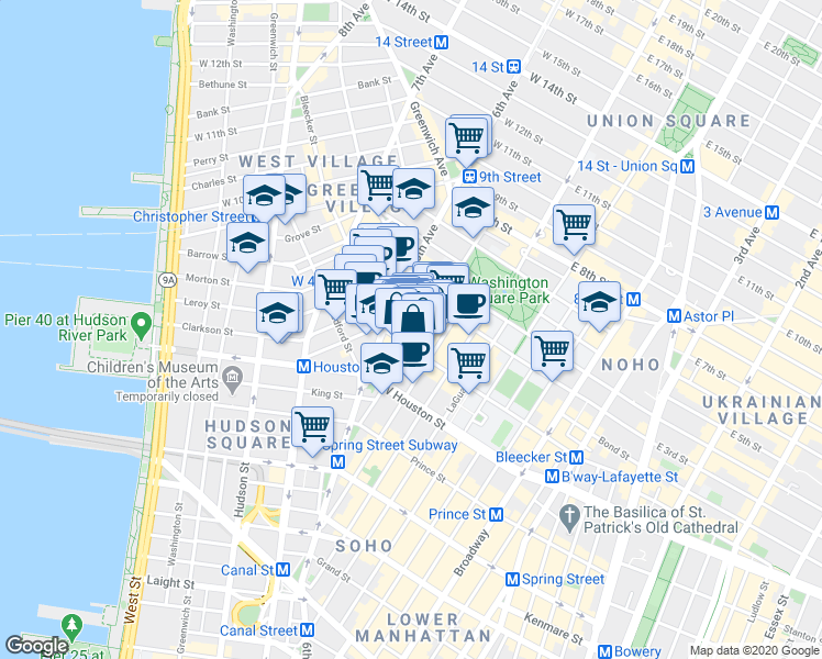 map of restaurants, bars, coffee shops, grocery stores, and more near 190 Bleecker Street in New York