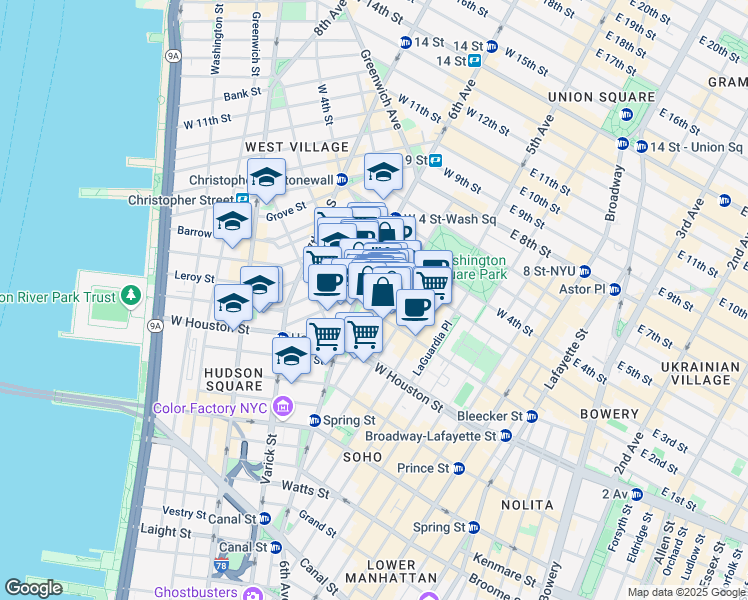 map of restaurants, bars, coffee shops, grocery stores, and more near 190 Bleecker Street in New York