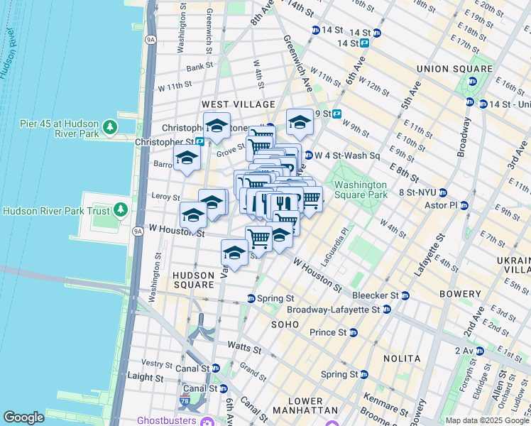 map of restaurants, bars, coffee shops, grocery stores, and more near 1 Minetta Street in New York