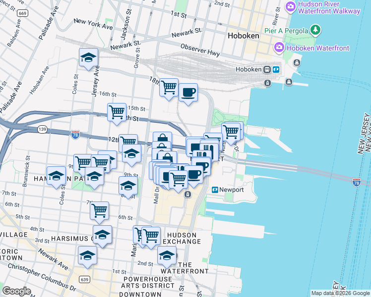 map of restaurants, bars, coffee shops, grocery stores, and more near 29245 Mall Drive East in Jersey City
