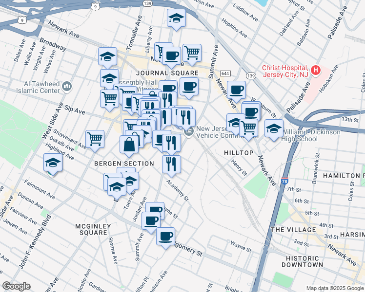 map of restaurants, bars, coffee shops, grocery stores, and more near 403-405 Summit Avenue in Jersey City