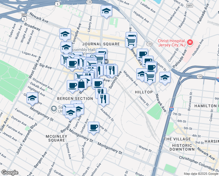 map of restaurants, bars, coffee shops, grocery stores, and more near 403-405 Summit Avenue in Jersey City