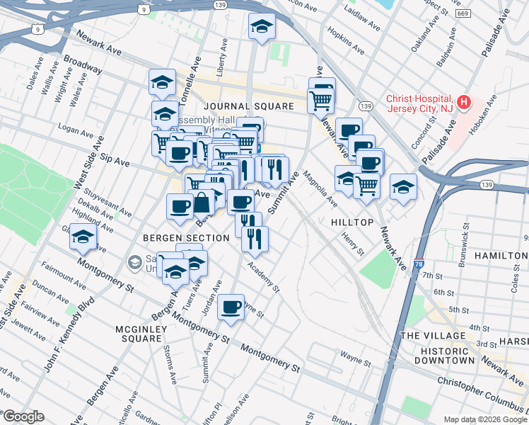 map of restaurants, bars, coffee shops, grocery stores, and more near 403-405 Summit Avenue in Jersey City
