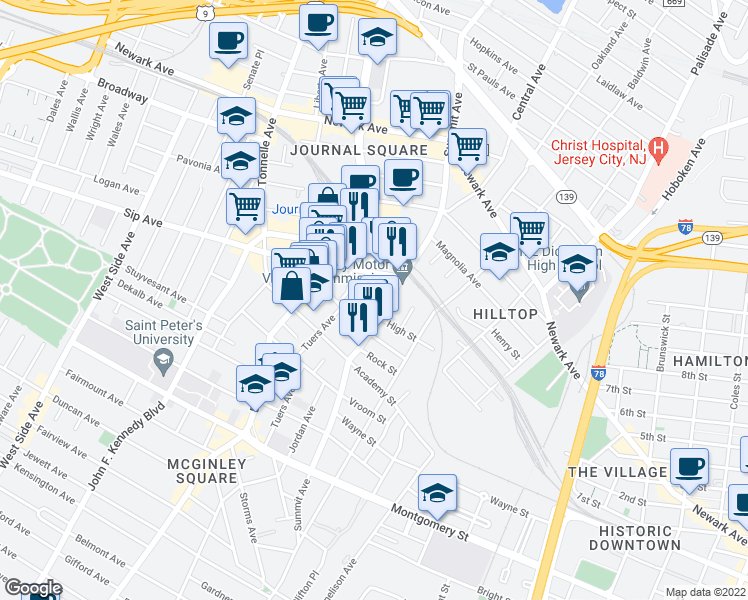 map of restaurants, bars, coffee shops, grocery stores, and more near 403-405 Summit Avenue in Jersey City