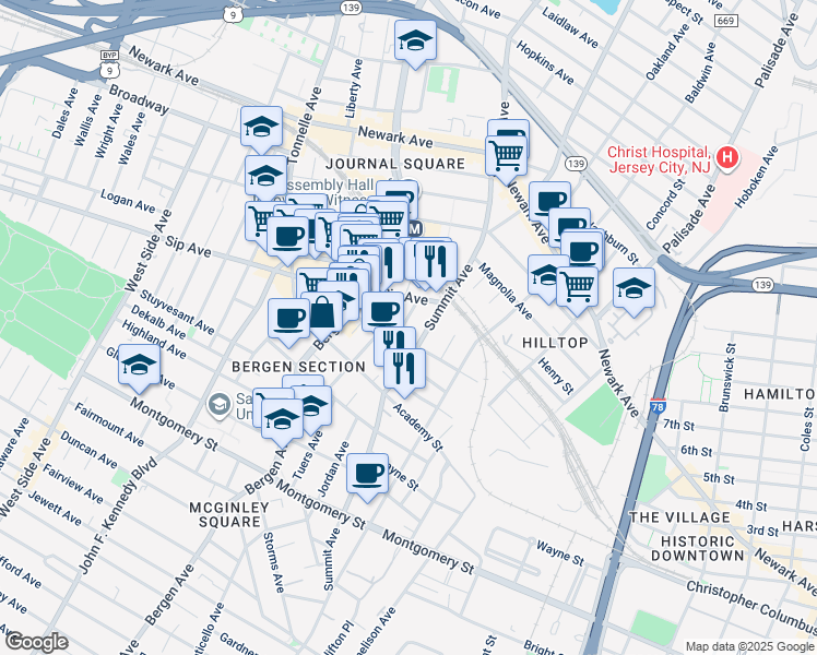 map of restaurants, bars, coffee shops, grocery stores, and more near 403-405 Summit Avenue in Jersey City