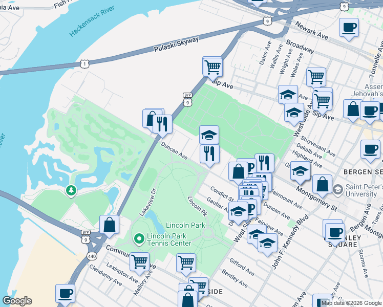 map of restaurants, bars, coffee shops, grocery stores, and more near 198 Freeman Avenue in Jersey City