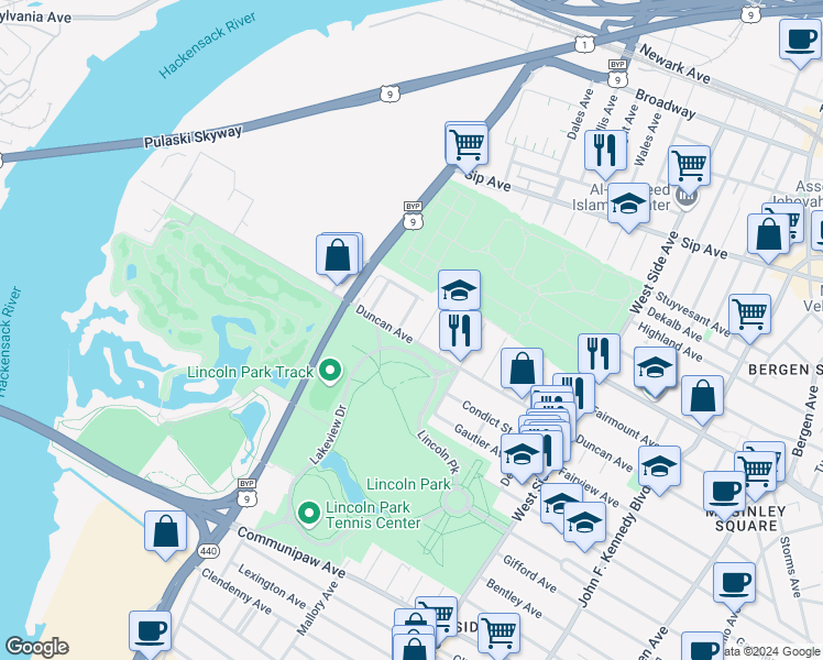 map of restaurants, bars, coffee shops, grocery stores, and more near 198 Freeman Avenue in Jersey City