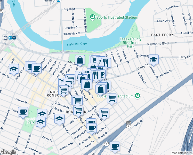 map of restaurants, bars, coffee shops, grocery stores, and more near 324 Ferry Street in Newark