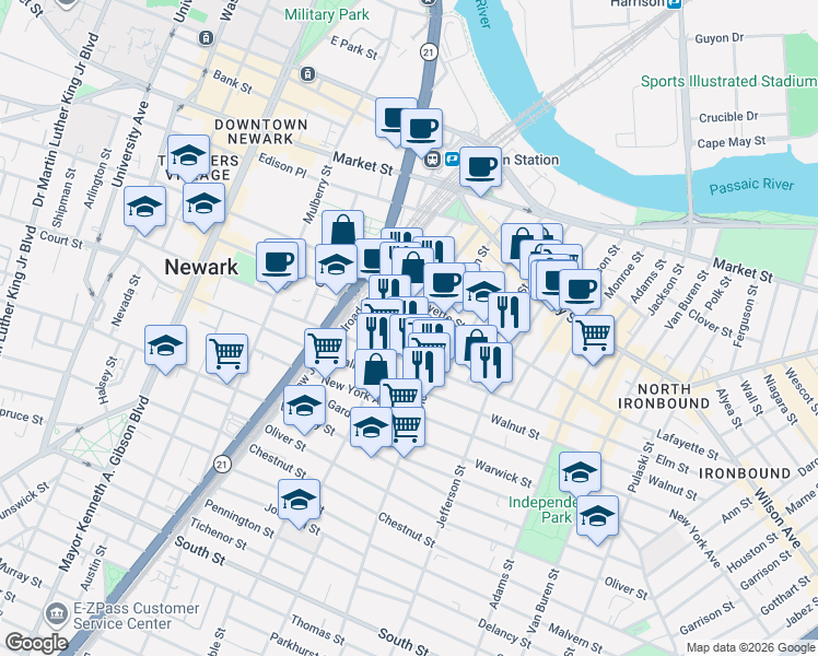 map of restaurants, bars, coffee shops, grocery stores, and more near 166 Green Street in Newark