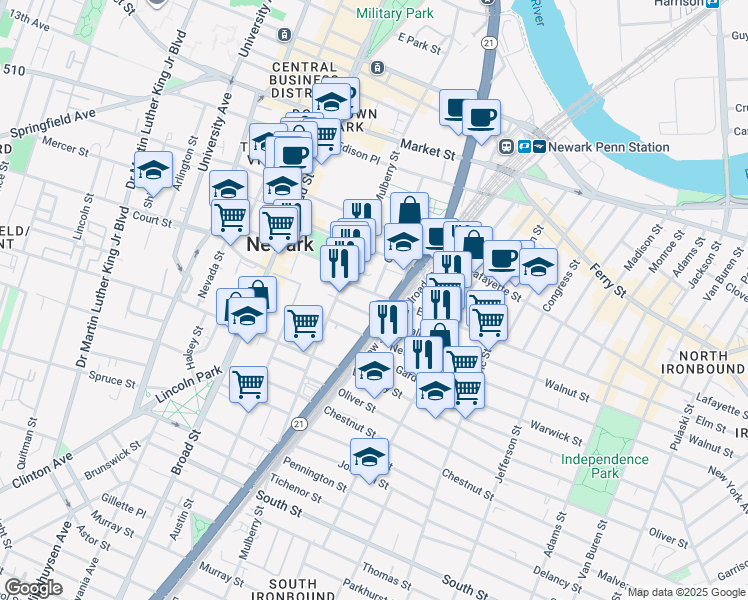 map of restaurants, bars, coffee shops, grocery stores, and more near 89 Walnut Street in Newark