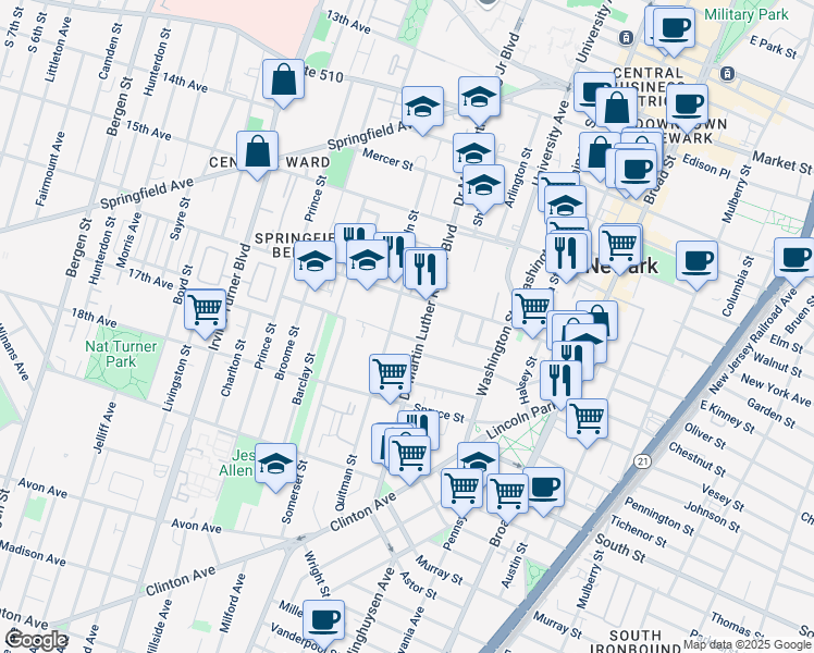 map of restaurants, bars, coffee shops, grocery stores, and more near 671 Doctor Martin Luther King Junior Boulevard in Newark