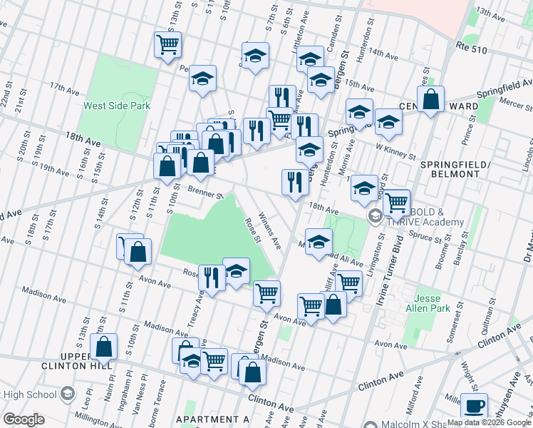 map of restaurants, bars, coffee shops, grocery stores, and more near 45 Winans Avenue in Newark