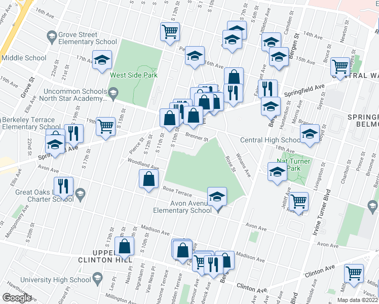 map of restaurants, bars, coffee shops, grocery stores, and more near 60 Kent Street in Newark