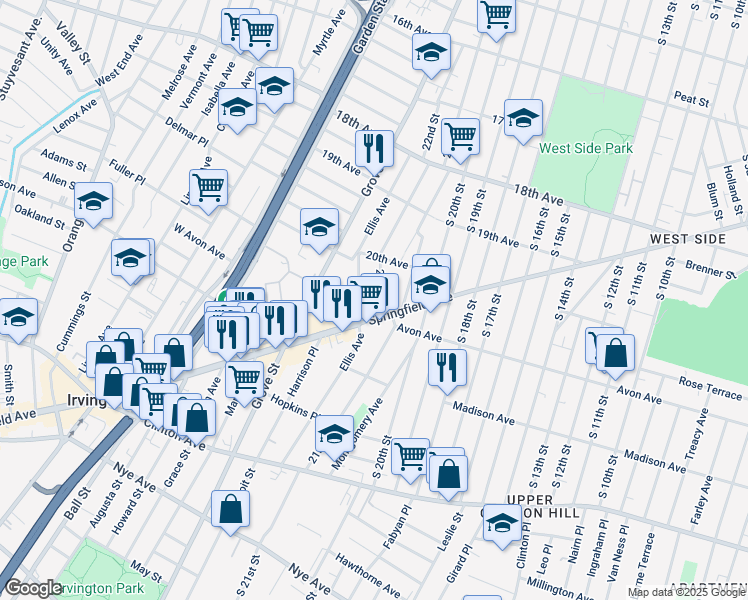 map of restaurants, bars, coffee shops, grocery stores, and more near 174 Ellis Avenue in Irvington