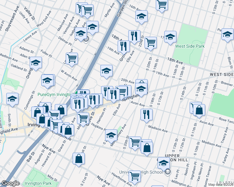 map of restaurants, bars, coffee shops, grocery stores, and more near 9 22nd Street in Irvington