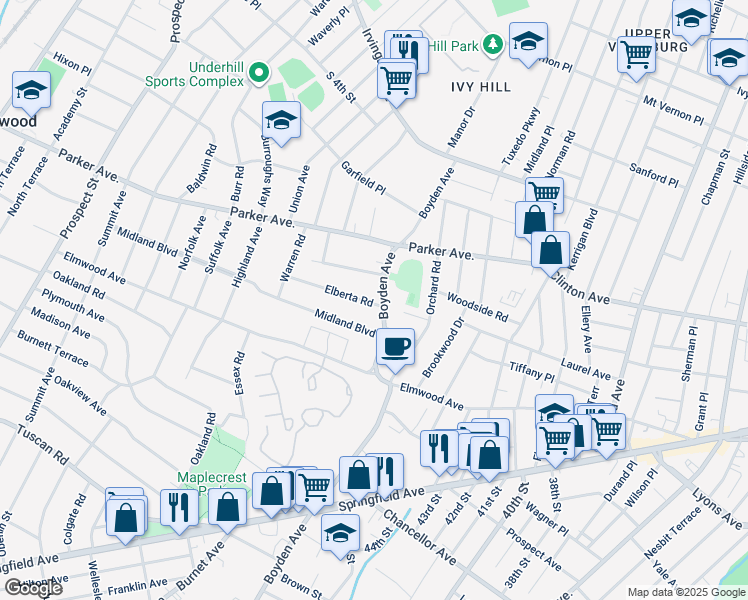map of restaurants, bars, coffee shops, grocery stores, and more near 79 Boyden Avenue in Maplewood