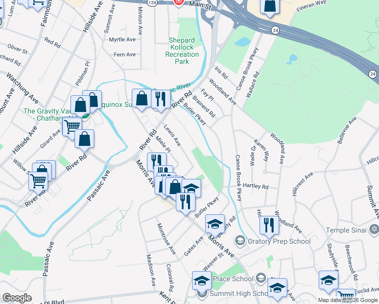 map of restaurants, bars, coffee shops, grocery stores, and more near 46 Lewis Avenue in Summit