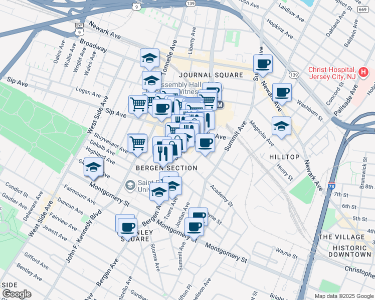 map of restaurants, bars, coffee shops, grocery stores, and more near 896 Bergen Avenue in Jersey City