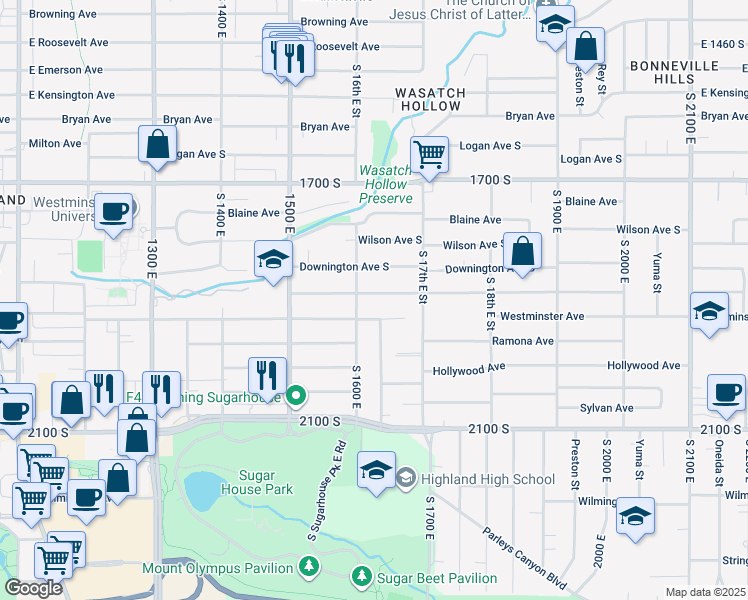 map of restaurants, bars, coffee shops, grocery stores, and more near 1622 East Garfield Avenue in Salt Lake City