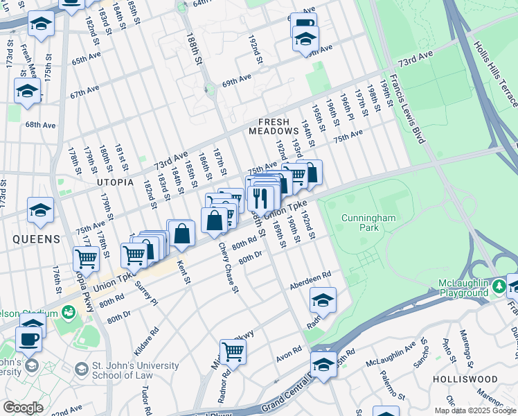 map of restaurants, bars, coffee shops, grocery stores, and more near 188-21 Union Turnpike in Queens