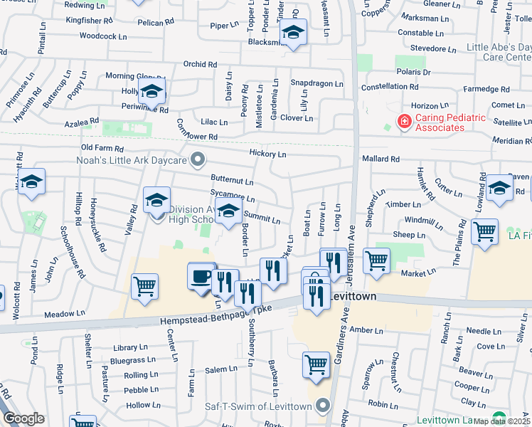 map of restaurants, bars, coffee shops, grocery stores, and more near 23 Summit Lane in Levittown