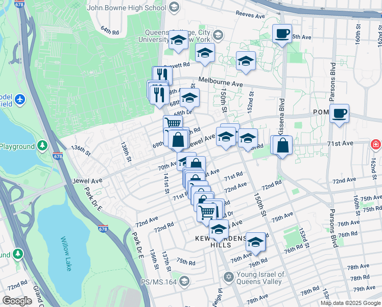 map of restaurants, bars, coffee shops, grocery stores, and more near 144-15 70th Avenue in Queens
