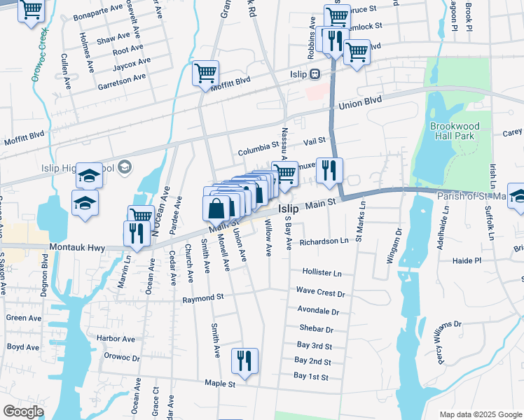 map of restaurants, bars, coffee shops, grocery stores, and more near 595 Main Street in Islip