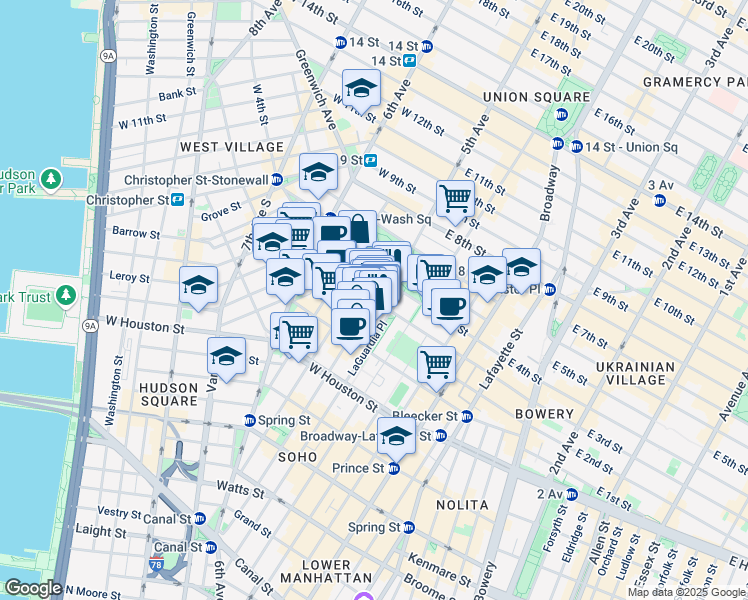 map of restaurants, bars, coffee shops, grocery stores, and more near 235 Thompson Street in New York
