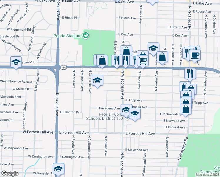 map of restaurants, bars, coffee shops, grocery stores, and more near 525 East Wilson Avenue in Peoria