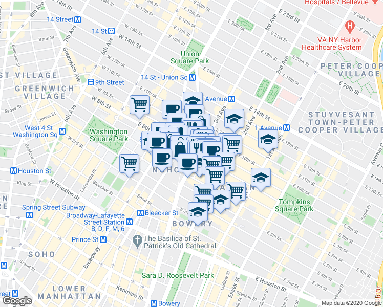map of restaurants, bars, coffee shops, grocery stores, and more near E 8th St & Astor Pl in New York