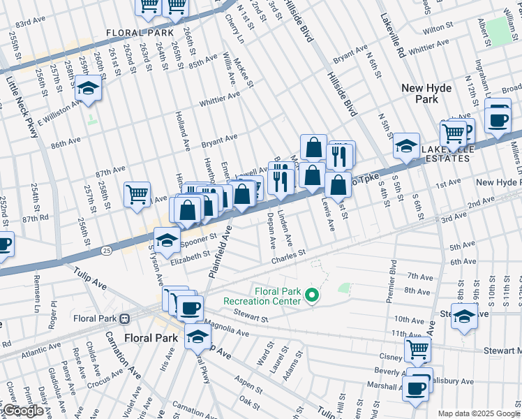 map of restaurants, bars, coffee shops, grocery stores, and more near 340 Jericho Turnpike in Floral Park