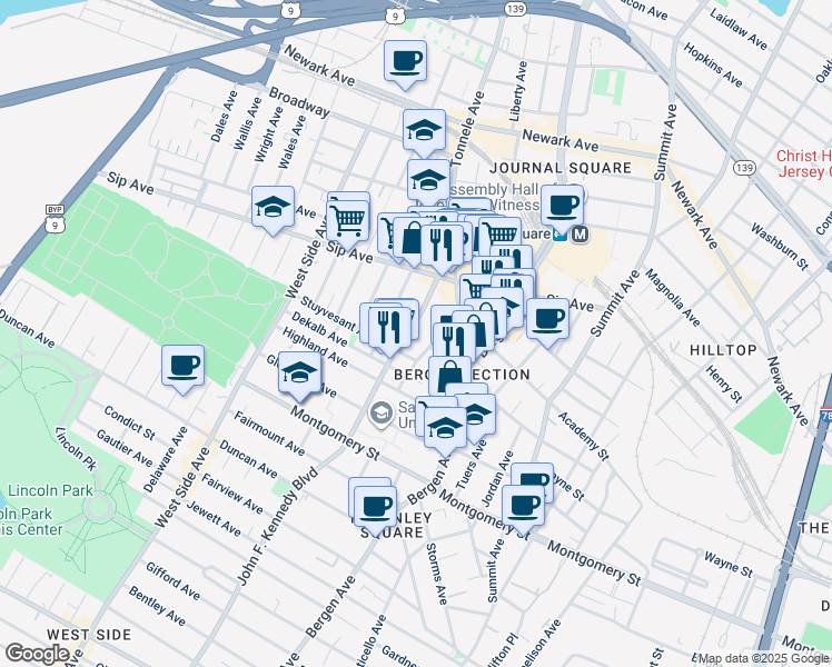 map of restaurants, bars, coffee shops, grocery stores, and more near 51 Van Reypen Street in Jersey City