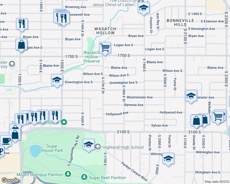map of restaurants, bars, coffee shops, grocery stores, and more near 1748 East Garfield Avenue in Salt Lake City