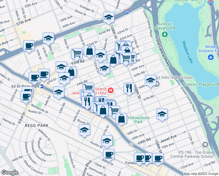 map of restaurants, bars, coffee shops, grocery stores, and more near 102-14 65th Road in Queens