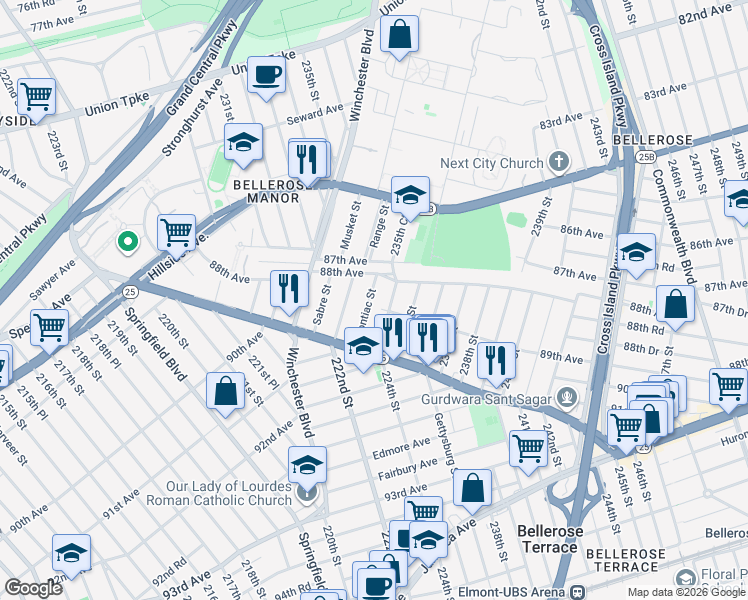 map of restaurants, bars, coffee shops, grocery stores, and more near 89-7 Pontiac Street in Queens