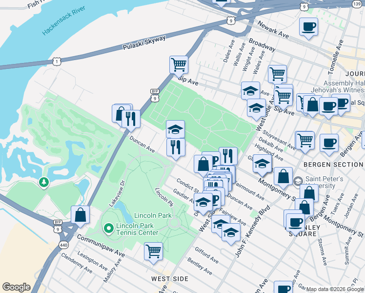 map of restaurants, bars, coffee shops, grocery stores, and more near in Jersey City